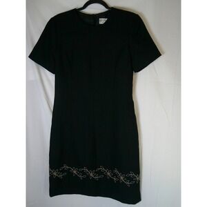 Kasper ASL Black Sheath Dress Short Sleeve Floral Embroidered Hem Size 10